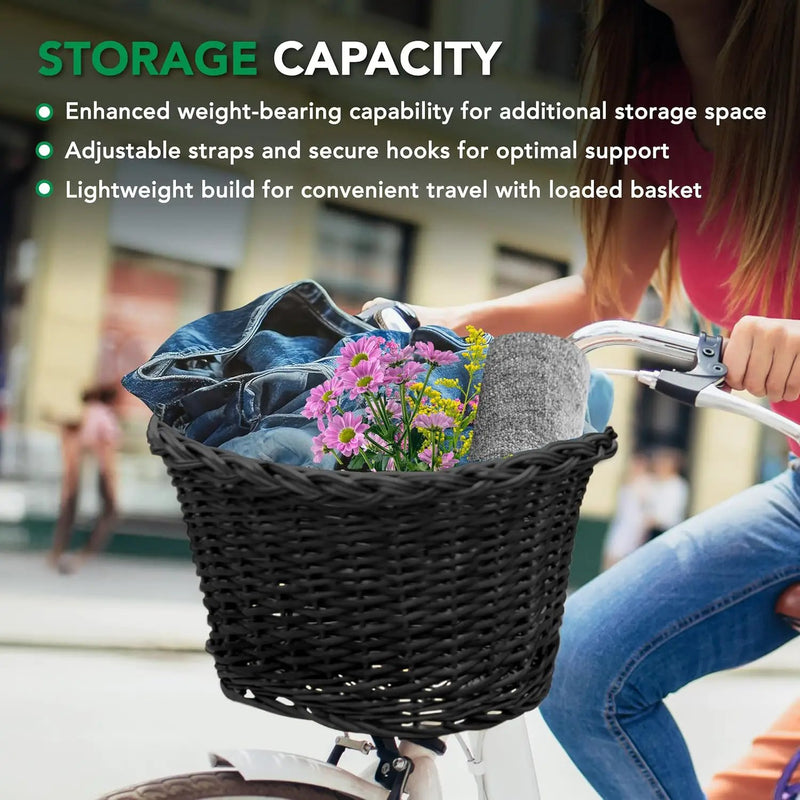 ProSource Wicker Bike Basket Front Cargo for Women and Men, Fits Most Bikes, Beach Cruiser, Stationary Bike, Ebike, Road Bike, Black by GreenHaven Gardens