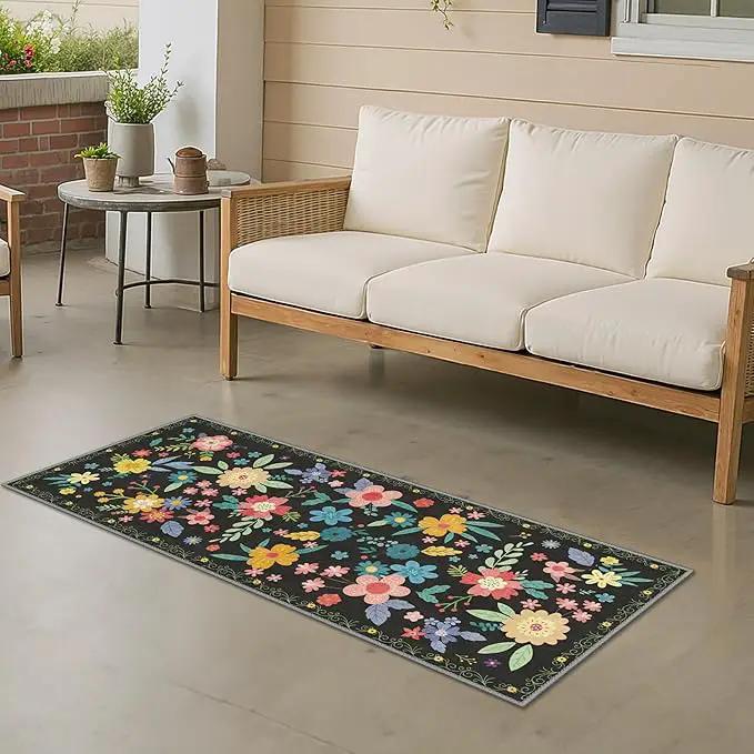 GENIMO Indoor Outdoor Area Rug 2' X 5' Waterproof, Washable Runner Rug Non Shedding, Easy Cleaning Floral Outdoor Carpet for Patio, Living Room, Bedroom, Entryway, Porch, Dining Room, Black by GreenHaven Gardens