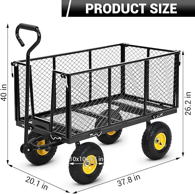 Heavy Duty Steel Garden Cart, 1100LBS Pullable Metal Garden Wagon with 10" Wheels, 180° Rotating Handle and Removable Sides for Outdoor, Farm, Yard, Beach by GreenHaven Gardens