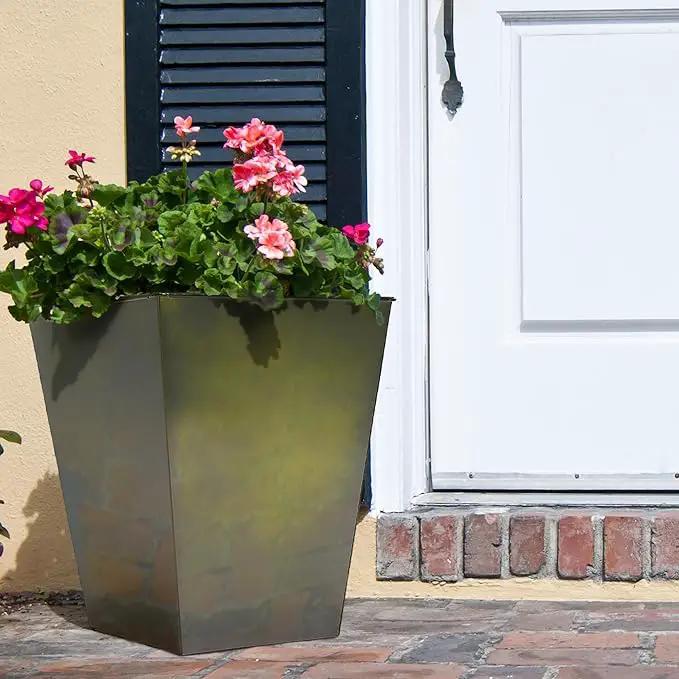 KOL 18''H. Bright Glazed Planter with Drainage Hole, Set of 2, Galvanized Steel Planter Pots for Indoor & Outdoor Use, Decorative Flower Plant Pots for Front Porch, Patio, Deck - Green by GreenHaven Gardens