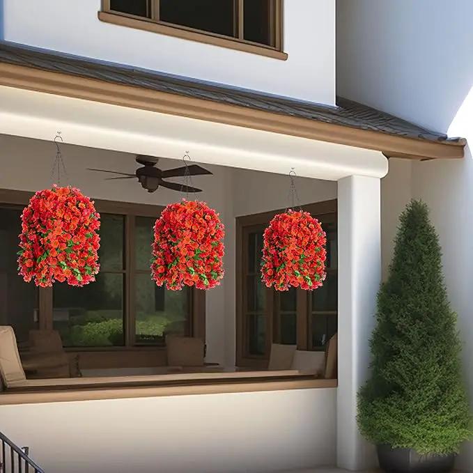 Artificial Hanging Flowers in 12 inch Basket, Fake Fall Plant Silk Orchid Flower Arrangement with Hanging Basket Daisy Planter for Patio Garden Porch Deck Summer Autumn Yard Decoration(Red Orange) by GreenHaven Gardens