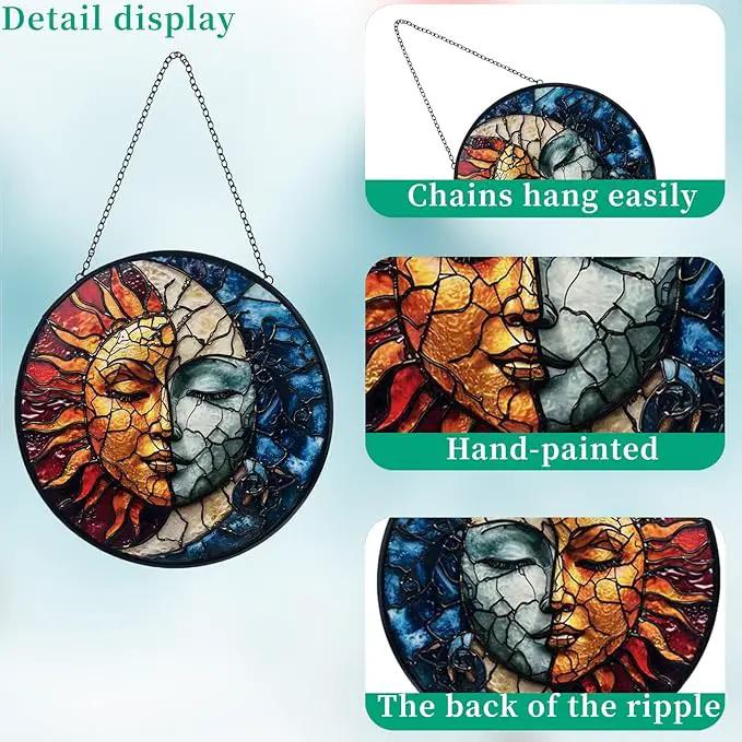 Sun and Moon Decor Suncatcher Stained Glass Window Hanging - Handmade Stained Glass Suncatchers Hanging Decoration with Metal Chain - Outdoor Garden Decor Gift for Women Christmas Thanksgiving Gifts by GreenHaven Gardens