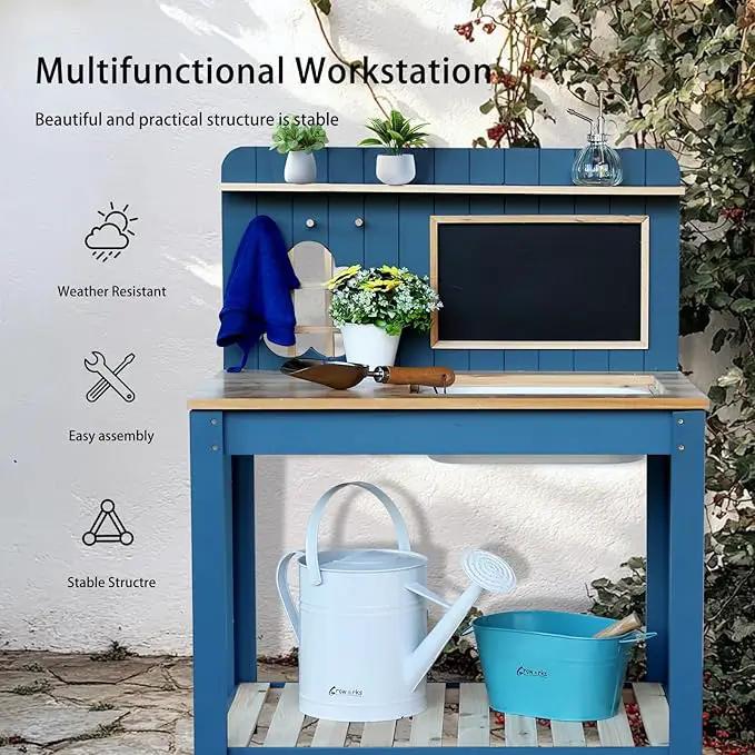 Kids Potting Bench Table Garden Workbench Outdoor Kids Garden Double-Layer Planting Table with Drawing Board Removable Sink,Wood Outdoor Play Kitchen for Toddlers,Backyard and Porch Blue by GreenHaven Gardens