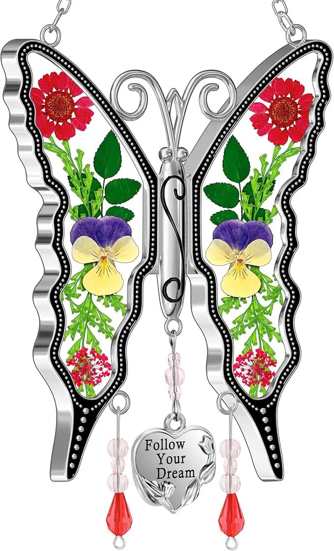 KY&BOSAM Butterfly Suncatcher Follow Your Dream Gifts for Mother Pressed Flower Between Wings Glass Hanging for Windows Charm Birthday Gifts for Women Mother's Day Valentine's Thanksgiving Christmas by GreenHaven Gardens