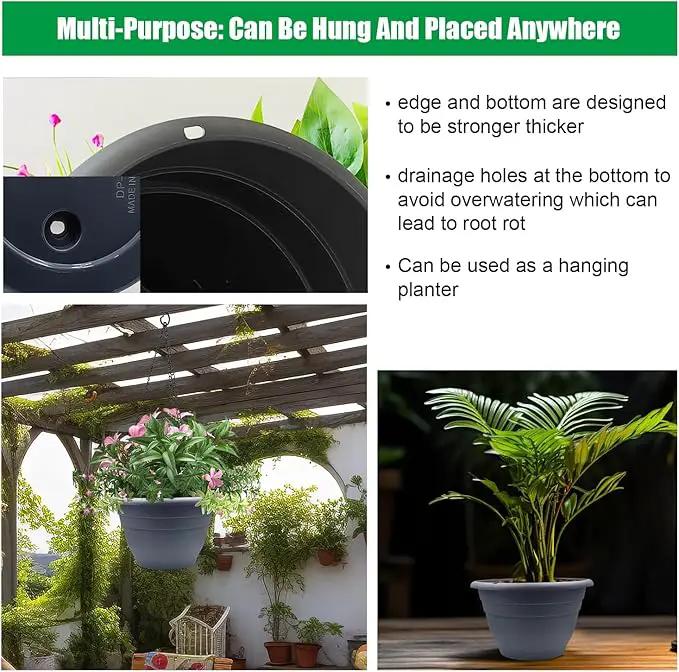 Plant Pots Set of 5, 10 Inch Round Flower Pots, Thickened Plant Planters with Drainage Holes, Garden Pots for Indoor Outdoor (Dark Gray) by GreenHaven Gardens