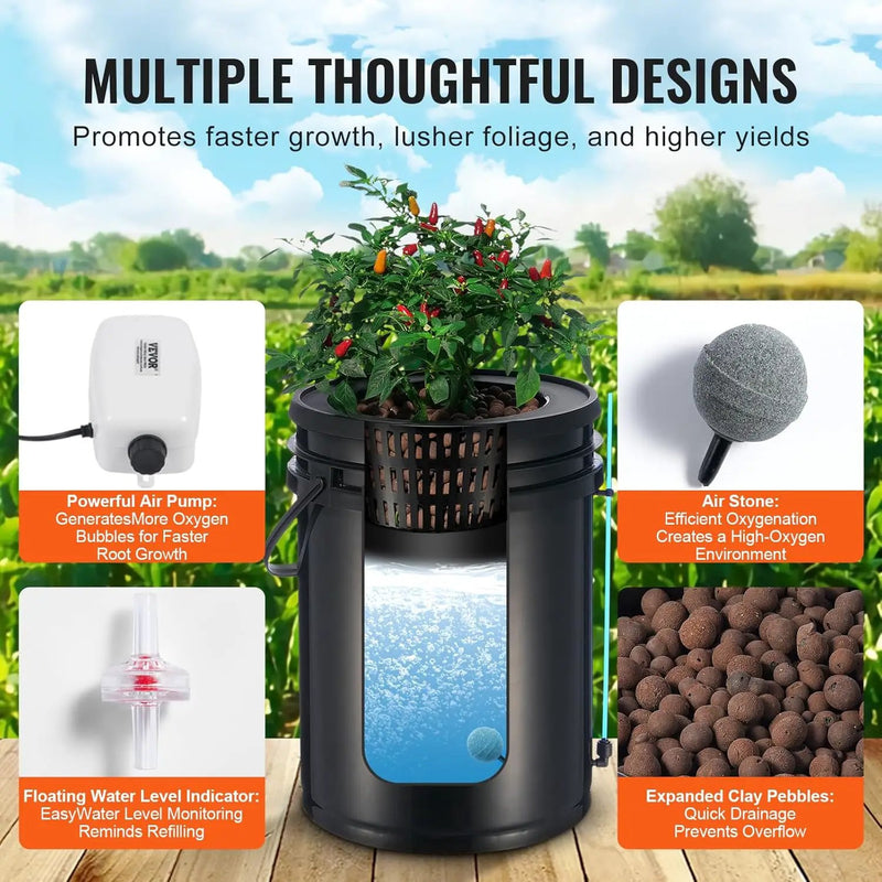 VEVOR DWC Hydroponics Grow System, Hydroponic Growing System with Top Drip Kit, 5-Gallon Deep Water Culture with Air Pump, Air Stone and Water Level Device for Leafy Vegetables(1 Bucket+Top Drip Kit) by GreenHaven Gardens