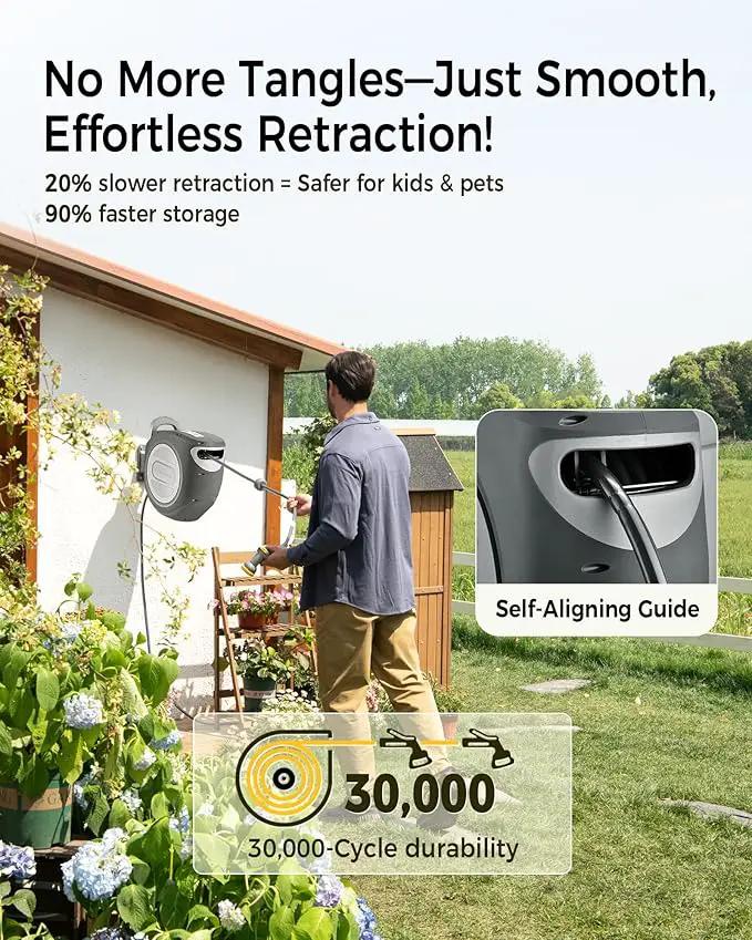 Retractable Garden Hose Reel 1/2 in x 85 ft Upgraded UV Resistant Heavy Duty Automatic Hose Reel Wall Mount 3/4 in Brass Fitting 9 Pattern Nozzle Any Length Lock Slow Retraction by GreenHaven Gardens
