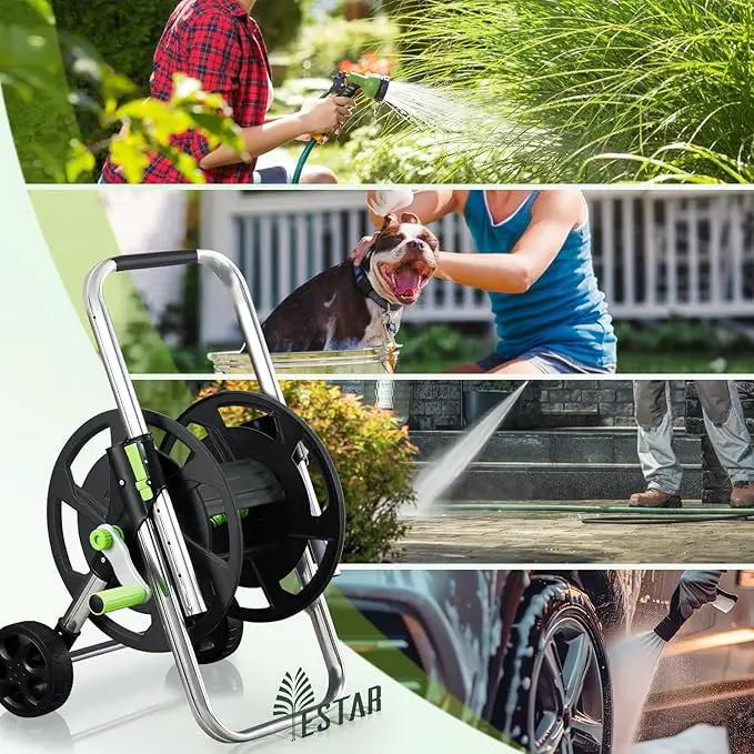 Garden Hose Reel Cart, Holds 75-150 Feet of 5/8-Inch Hose, Portable Hose Reel Cart With Wheels,Adjustable Handrail, Quick Hose Connector by GreenHaven Gardens