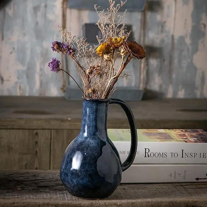 Blue Ceramic Vase with Big Handles, Modern Farmhouse Decor, Rustic Pottery for Flowers, Decorative Terracotta Centerpiece for Dining Table by GreenHaven Gardens