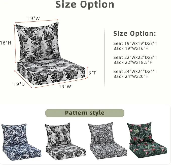 Favoyard Outdoor Seat Cushion 19 x 19 x 3 in Waterproof Pattern Fade Resistant Cover Removable Patio Furniture Cushions Deep Seat & Back Cushion Set with Adjustable Straps for Patio Chair Sofa Couch by GreenHaven Gardens