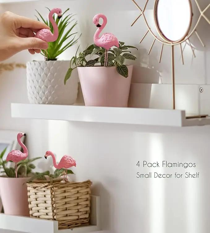 Mini Flamingos Figurines with Stakes - Set of 4 Small Flamingos Garden Gifts for Women Resin for Flower/Plant Pot Decorations - Miniature Fairy Garden by GreenHaven Gardens