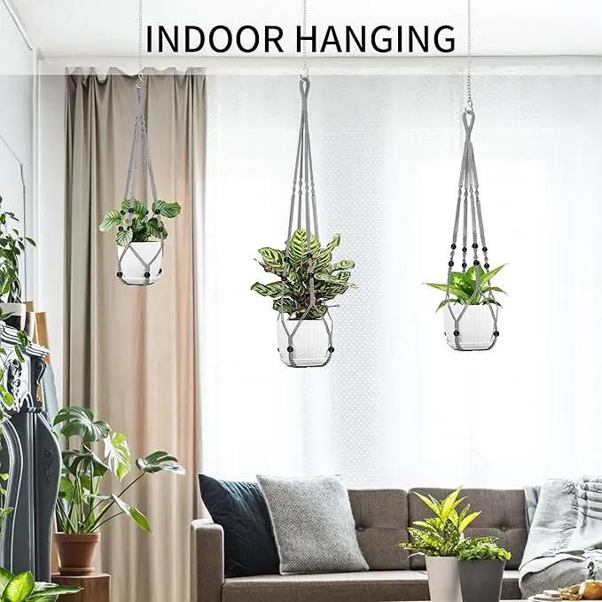 3 Pack Macrame Plant Hanger - 43"/35"/29" Different Sizes, Hanging Planter Basket Flower Pot Holder for Indoor Outdoor, with Wood Beads, Boho Home Decor, Gray (POTS NOT Included) by GreenHaven Gardens