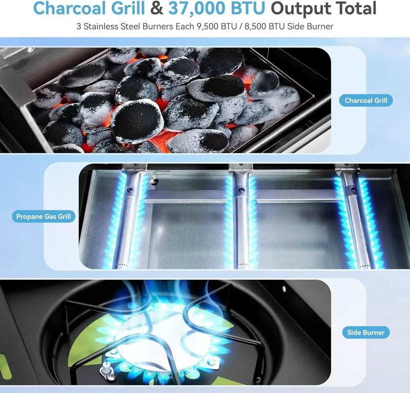 3 Burner Propane Gas and Charcoal Grill Combo with Side Burner & Porcelain-Enameled Cast Iron Grates, 37,000 BTUs 685 SQIN Dual Fuel Outdoor BBQ Grill for Patio Garden Picnic Backyard Barbecue Cooking by GreenHaven Gardens