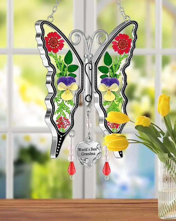 KY&BOSAM New Butterfly Suncatcher Stain Glass World`s Best Grandma Butterfly Suncatcher Hanging for Window Wind Chime Gifts for Grandma Mother`s Day Valentine's Birthday Christmas Thanksgiving by GreenHaven Gardens