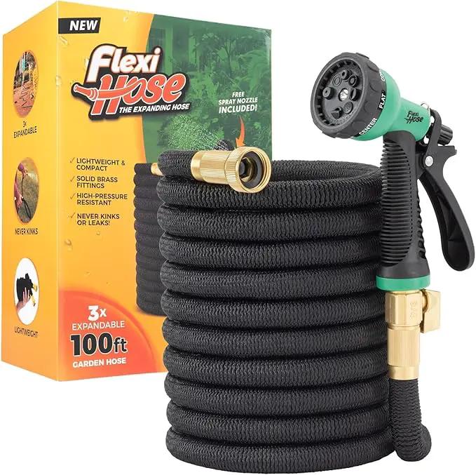 Flexi Hose with 8 Function Nozzle, 100FT - Lightweight Expandable Garden Hose, No-Kink Flexibility, 3/4 Inch Solid Brass Fittings and Double Latex Core by GreenHaven Gardens