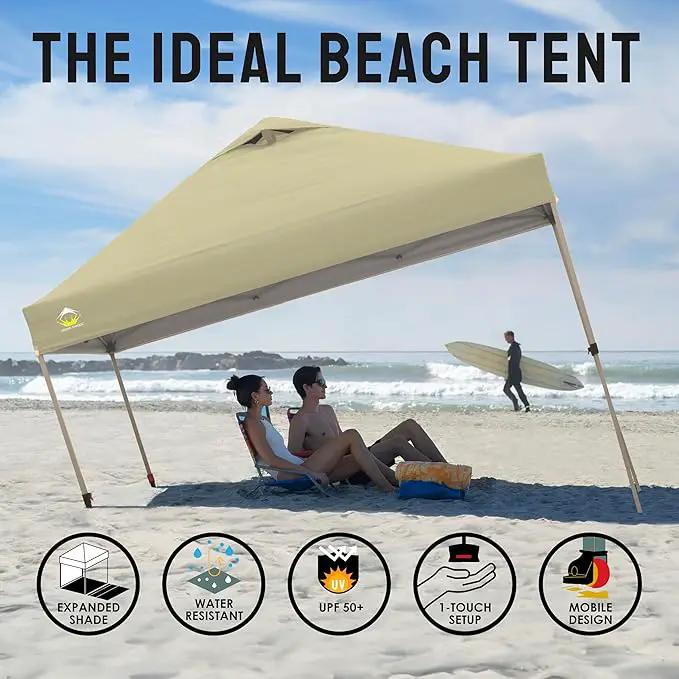 CROWN SHADES 10x10 Pop Up Canopy Tent - Patented Center Lock One Push Instant Outdoor Canopy Beach Tent with STO-N-Go Bag 8 Stakes & 4 Sand Bags，Khaki by GreenHaven Gardens