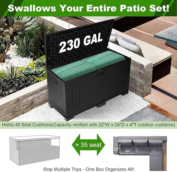 260 Gallon Outdoor Storage Box Waterproof, Extra Large Plastic Outside Deck Box Weatherproof, Resin Patio Storage Bin with Lock and Lids for Pool Equipment, Cushion, Black by GreenHaven Gardens