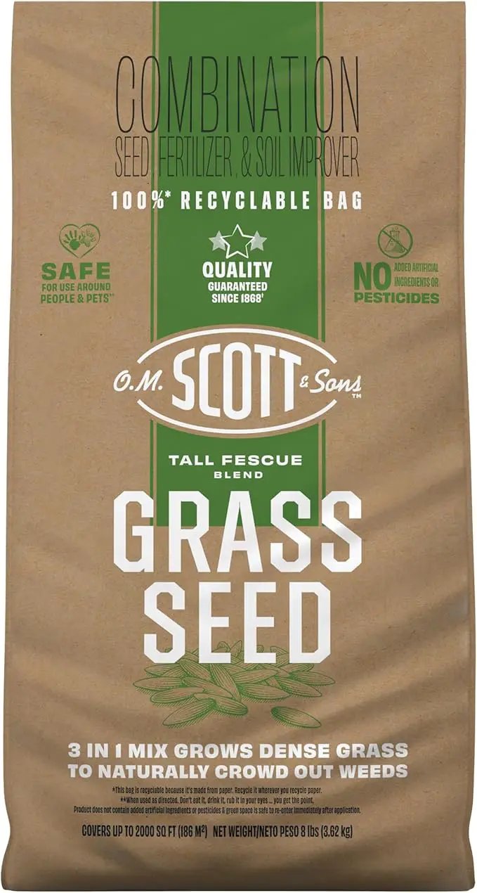 O.M. Scott and Sons Tall Fescue Blend Grass Seed, Fertilizer and Soil Improver, Naturally Crowds Out Weeds, Covers Up to 2,000 sq. ft., 8 lbs. by GreenHaven Gardens