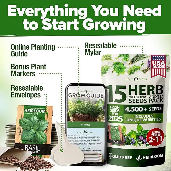 HOME GROWN 15 Herb Seeds for Planting 4,500+ Non-GMO Heirloom Seeds | Extra Large Variety Pack Herb Kit – Indoor Outdoor & Hydroponic | Culinary Seed Set | Grow Your Own Herbs | Gardening Gift by GreenHaven Gardens