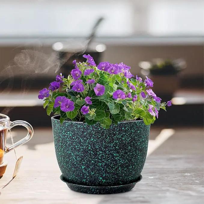 12 inch Large Plant Pots, Plastic Planters with Drainage Holes and Saucers, Flower Pots for Indoor Outdoor Plants, Decorative Pots for Garden House Plants, Black with Green Speckles by GreenHaven Gardens