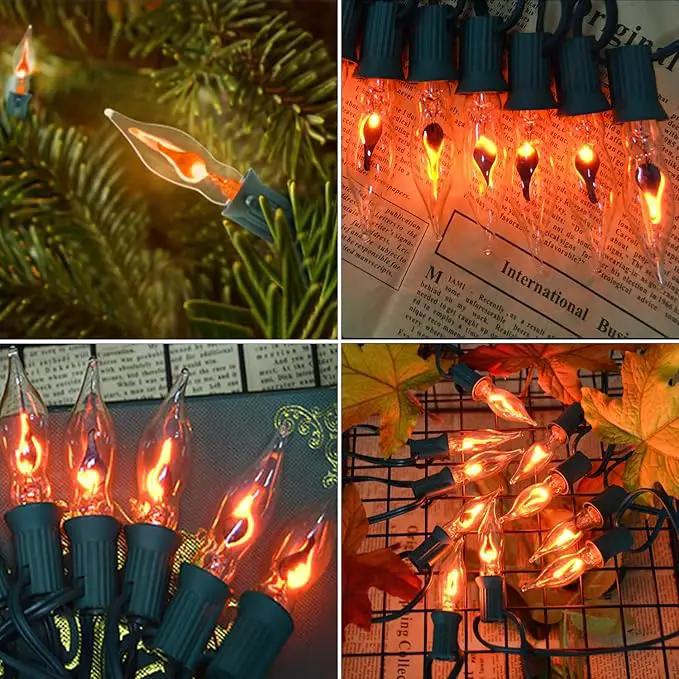 12.8Ft C7 Christmas Lights Flickering Flame String Lights with 12 Pack Clear Flame E12 Light Bulbs(2 Spare), Great for Christmas Decorations Indoor Outdoor Home Patio Party Lights, Green Wire by GreenHaven Gardens
