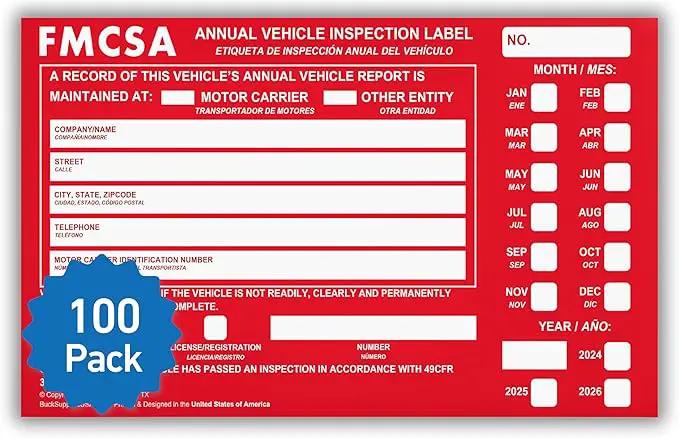 100 Pack Buck Aluminum Annual Vehicle Inspection Label with Punch Boxes, 2 Mil Red FMCSA Self Adhesive Sticker, DOT Compliant, Weatherproof, Tear Resistant, Easy to Write On, 6" x 3.5" - Made in USA by GreenHaven Gardens