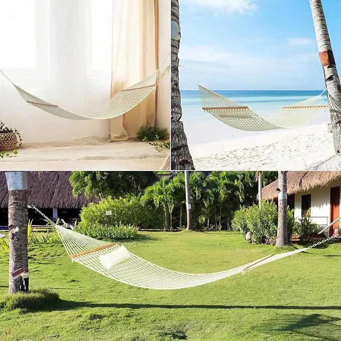 13FT Hammocks, Traditional Hand Woven Cotton Rope Hammock with Free Extension Chains for Outdoor Indoor Patio Yard 450 LSB Capacity for Two Person (Natural) by GreenHaven Gardens