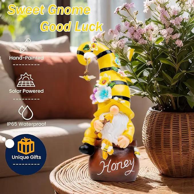 13" Garden Solar Spring Gnomes Statues Outdoor Spring Decor with LED Lighted Bee and Flowers Funny Garden Sculpture for Patio Yard Lawn Decorations Gifts by GreenHaven Gardens