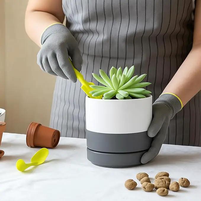 D'vine Dev 3.5 Inch & 4.7 Inch Ceramic Planter Pots for Plants with Drainage Hole and Saucer, X-Small Plant Pots Set, White/Speckled Grey, 94-G-XS-6 by GreenHaven Gardens