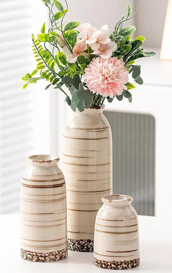 Beige Ceramic Vase Set of 3, Farmhouse Decorative Vase for Pampas Grass, Living Room, Bathroom, Bookshelf, Centerpieces Beige by GreenHaven Gardens