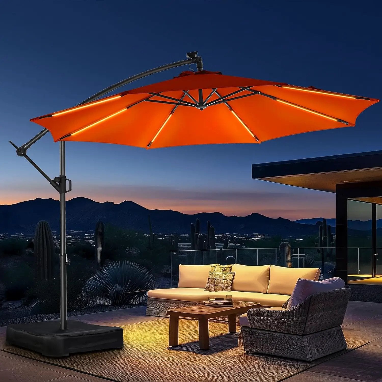 HOMSHADE 10ft Solar Lights Offset Cantilever Patio Umbrella - with Light and Base, LED Lighted Offset Hanging Patio Outdoor Market Umbrella UPF50+ UV Protection with Easy Tilt and Crank (Orange) by GreenHaven Gardens