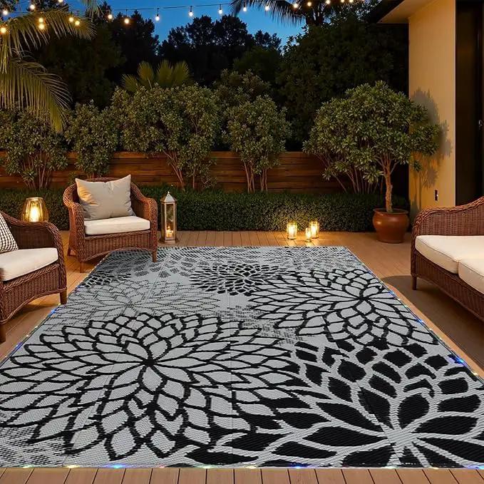 Outdoor Rug 9x12 ft with LED Light, Waterproof Reversible Outdoor Plastic Straw Rug for Patios Clearance, Large Outdoor Area Rug Carpet RV Mat for Camping Backyard Deck Porch Beach by GreenHaven Gardens
