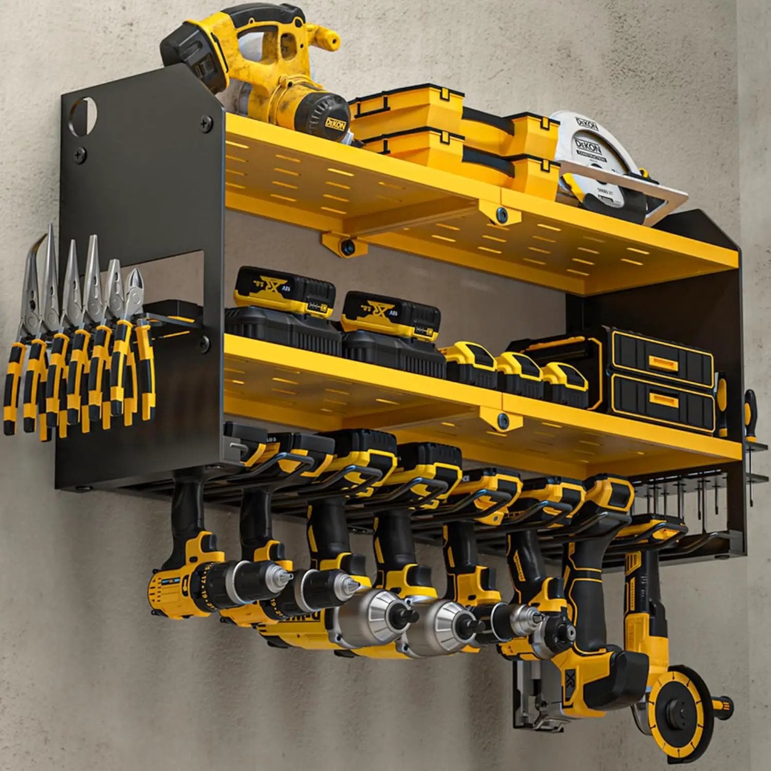 YYR Power Tool Organizer Wall Mount, Cordless Drill and Battery Holder, Electric Tools Hanger Storage Rack with Charging Station, Garage Organization Floating Shelf - Made of Heavy Duty Metal, Yellow by GreenHaven Gardens