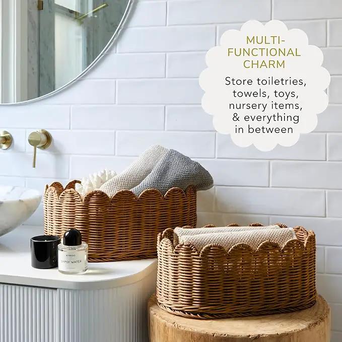 BEBE BASK Premium Scalloped Basket Set Of 2 - Scallop Basket - 16 x 10 x 7 Inch - Hand-Woven Elegant Wicker With Scalloped Edge - Nursery Storage (Mocca) by GreenHaven Gardens