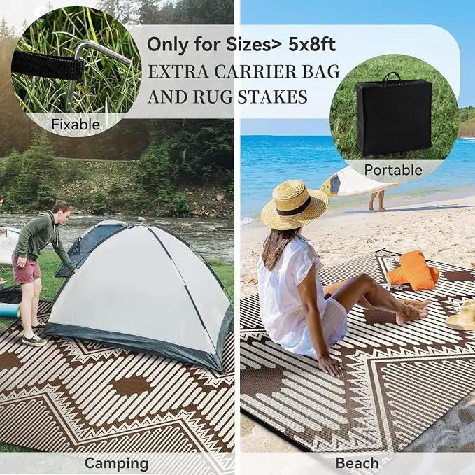 MontVoo Outdoor Rug-Waterproof Patio Rug Mat 5x8 Outdoor Carpet Mat Reversible Plastic Straw Outside Outdoor Rug for RV Camping Picnic Balcony Backyard Pool Deck Porch Modern Boho Beige Brown by GreenHaven Gardens