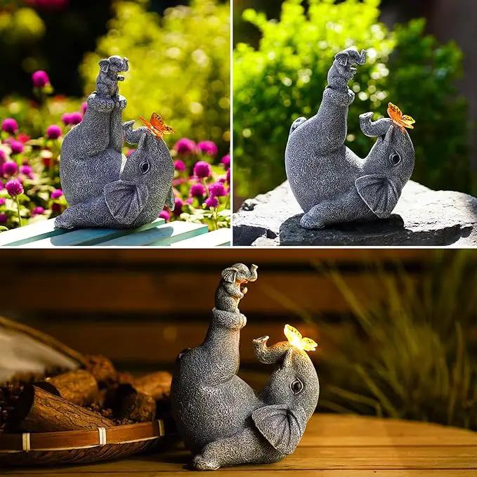 Mommy & Baby Elephant Garden Statue with Solar Butterfly Lights - Perfect Elephant Decor & Ornament for Women, Housewarming Gifts and as Garden Decorations by GreenHaven Gardens