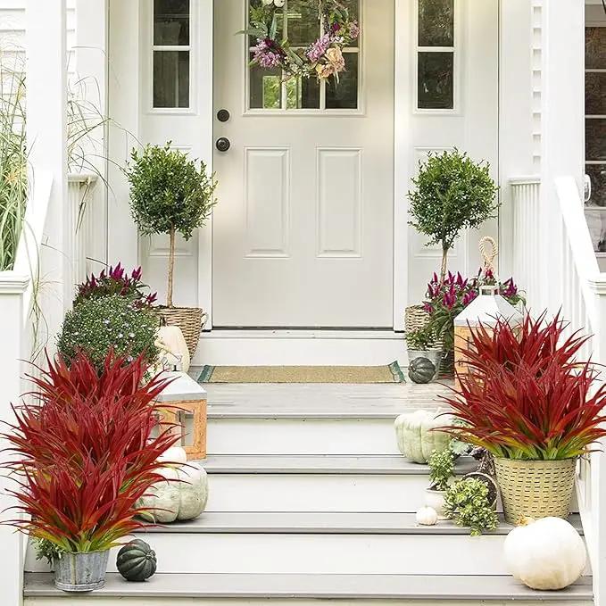 32Pcs Artificial Grass Fake Plants 17.3in Outdoor Plants UV Resistant Greenery Stems Fake Grass for Home Window Garden Office Patio Pathway Front Porch Décor Light Green & Red by GreenHaven Gardens