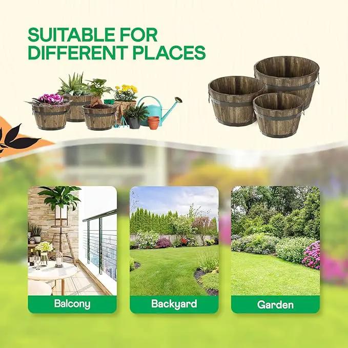 IDZO Set of 3 Wooden Flower Planters for Outdoor Plants, Acacia Wood Barrel Planters, Ergonomic Handles, Drainage Holes, Various Sizes, Walnut by GreenHaven Gardens