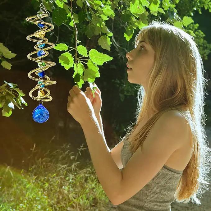 FONMY Gazing Ball Spiral Tail -Decorative Wind Spinner Sun Catcher Rainbow Maker Golden Double-Spiral W/Sea Blue Crystal Ball and Chain Crystals Beads for Indoor Outdoor Garden Decoration -14 inch H by GreenHaven Gardens