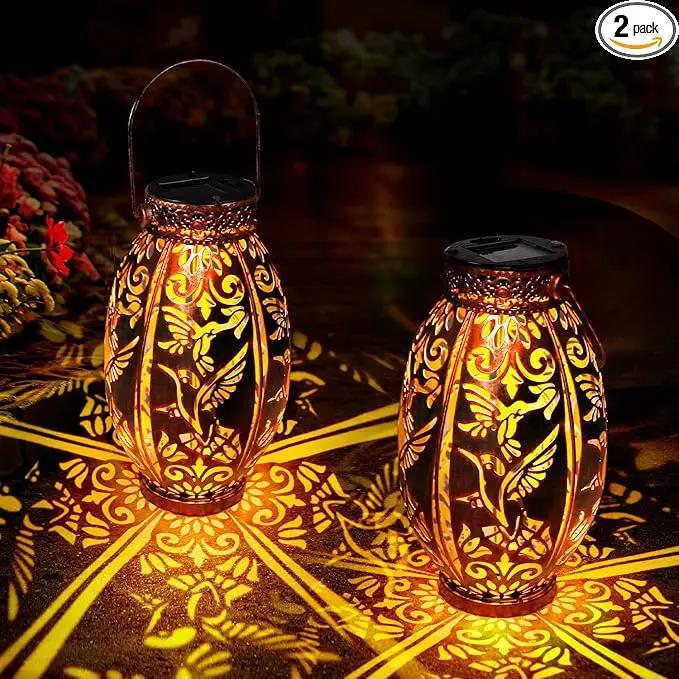 Hummingbird Lantern 2 Pack Solar Lanterns Outdoor Hanging Solar Lights, Upgraded Metal Garden Lanterns - Waterproof LED Decorative Light for Garden Patio Yard Gifts for Mom Grandma Women by GreenHaven Gardens