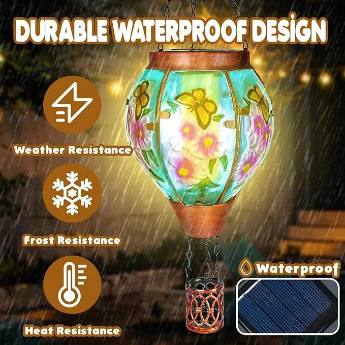 Solar Hot Air Balloon Lantern with Flame， Butterfly Glass Outdoor Solar Lanterns for Outside Hanging Farmhouse Patio Pathway Decor, Butterfly Gifts for Women Grandma Mom by GreenHaven Gardens