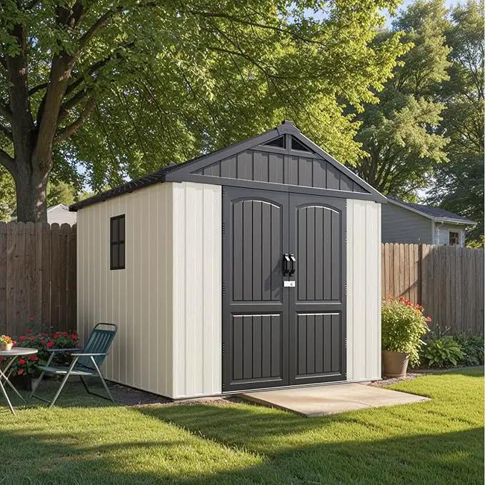 Patiowell 8 x 8 FT Resin Outdoor Storage Shed with Floor, Large Shed with Light and Lockable Door for Garden, Backyard, Tool Storage Use, Easy to Install in Beige (Kick-it Shed) by GreenHaven Gardens