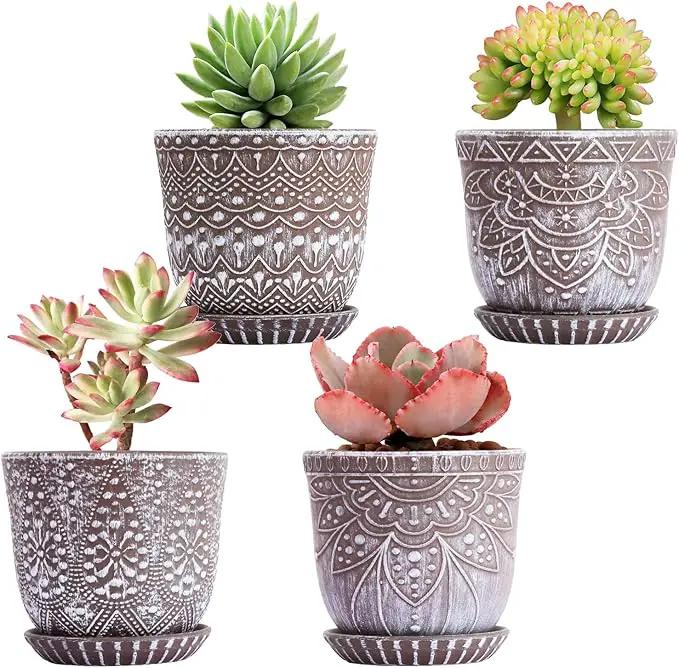 Gepege Succulent Pots, 4 Inch Small Indoor Ceramic Planter Pot with Drainage Holes and Saucers for Plants - Set of 4 by GreenHaven Gardens