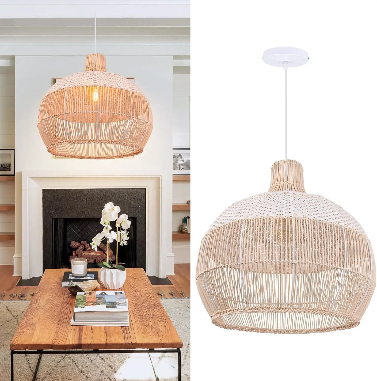 Arturesthome White Handwoven Rattan Boho Pendant Lighting Fixtures, Wicker Hanging Ceiling Light Chandelier, Handmade Woven Basket Lampshade for Kitchen Island by GreenHaven Gardens