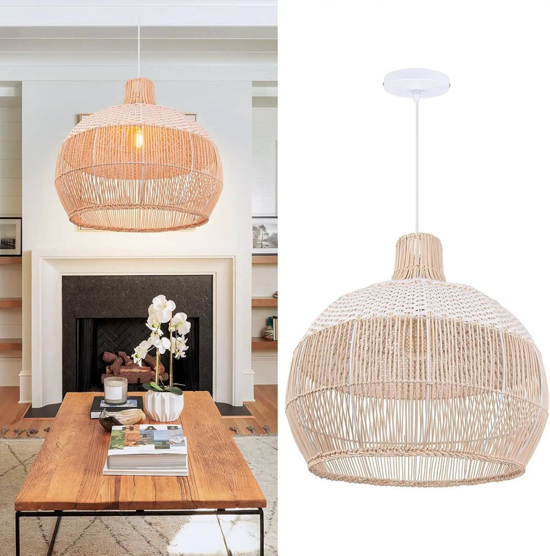 Arturesthome White Handwoven Rattan Boho Pendant Lighting Fixtures, Wicker Hanging Ceiling Light Chandelier, Handmade Woven Basket Lampshade for Kitchen Island by GreenHaven Gardens