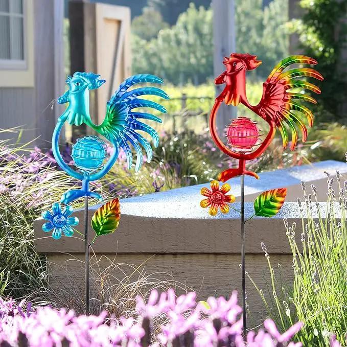 Rooster Solar Garden Lights, 2 Pack Metal Solar Stake Light, 27" H Outdoor Chicken Statues Figurine Lights for Spring Garden Lawn Patio Yard Decoration by GreenHaven Gardens
