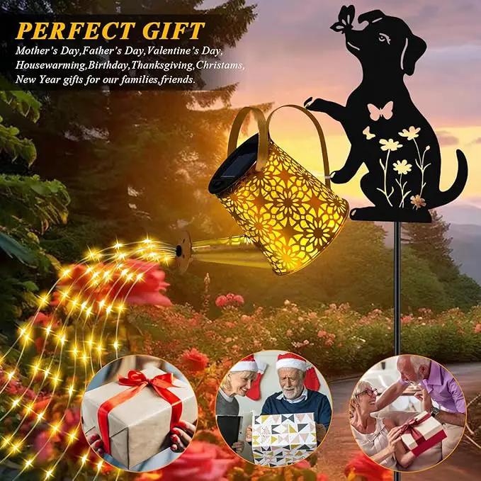 Solar Lights Outdoor Decorative, Watering Can with Cascading Lights, with Dog Silhouette Garden Stakes, Waterproof Metal Garden Decor for Yard Art, Outside, Patio, Lawn Ornaments by GreenHaven Gardens