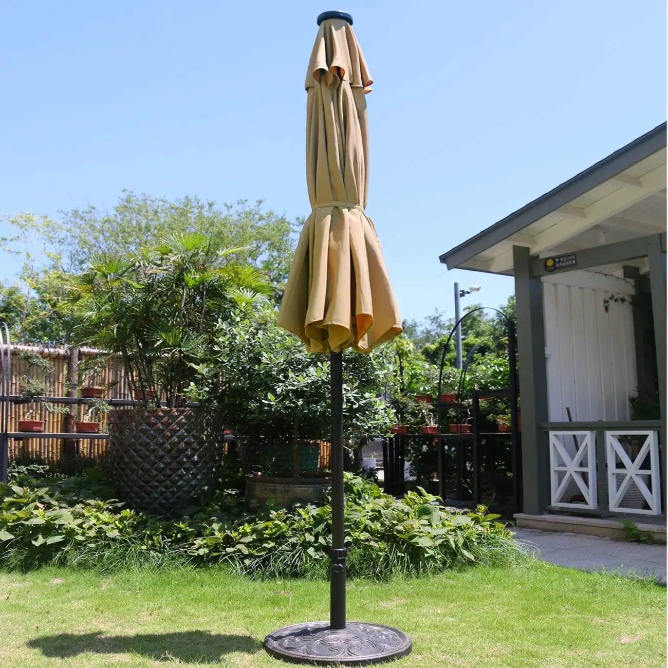 Sunnyglade 9' Solar LED Lighted Patio Umbrella with 8 Ribs/Tilt Adjustment and Crank Lift System (Light Tan) by GreenHaven Gardens