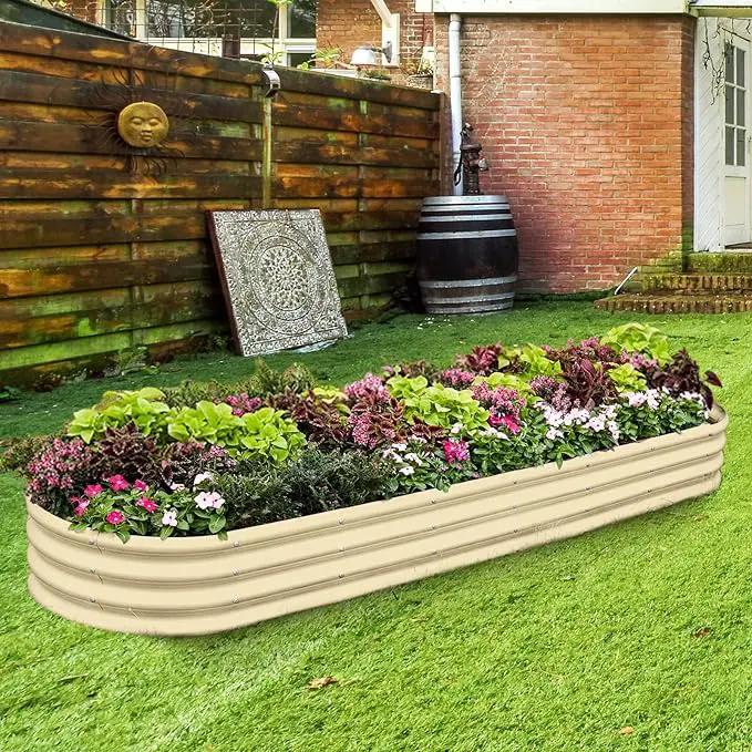 Land Guard 8×2×1ft Galvanized Raised Garden Bed Kit, 108 Gallon Capacity Raised Garden Boxes Outdoor, Oval Metal Raised Garden Beds for Vegetables, Cream Yellow(with 10 Connecting rods) by GreenHaven Gardens