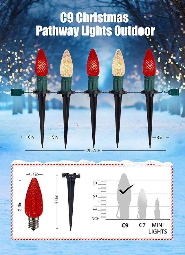 C9 LED Christmas String Lights Outdoor, 26 Feet 20 LED Christmas Pathway Lights with 20 Plastic Stakes, Connectable Waterproof for Driveways Xmas Holiday Patio Decoration, Red and Warm White by GreenHaven Gardens